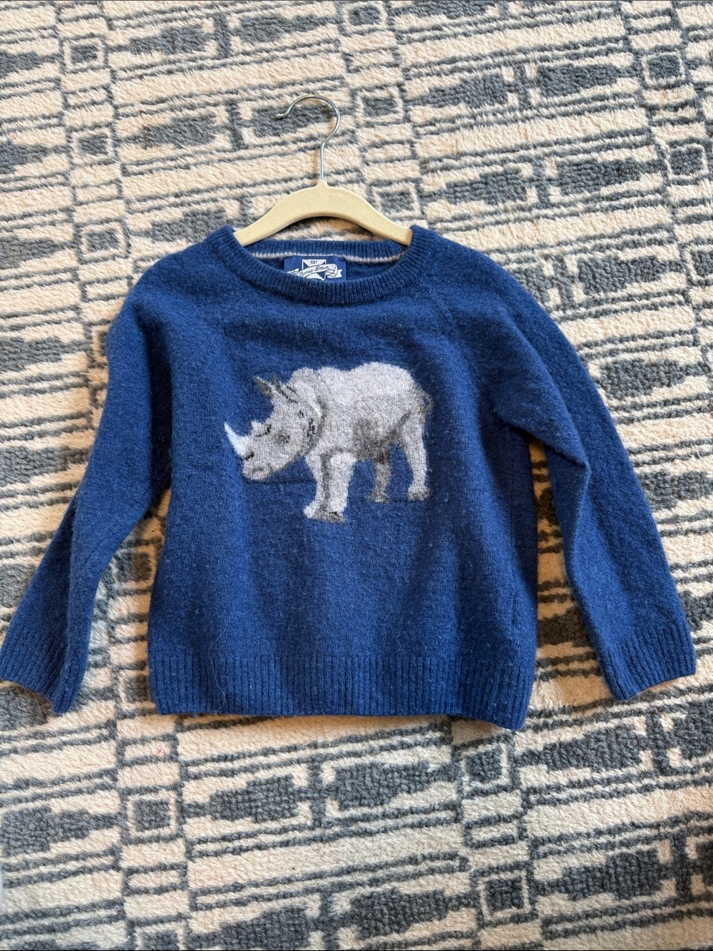 Trotters Thomas Brown Navy Sweater with Gray Rhino Motif